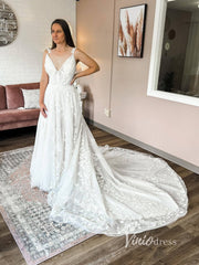 A-line Leaf Lace Appliqued Wedding Dresses with Long Train VW2118