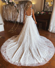 A-line Leaf Lace Appliqued Wedding Dresses with Long Train VW2118