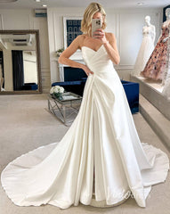 A-line Satin Wedding Dresses with Slit Strapless Wedding Gown VW2130