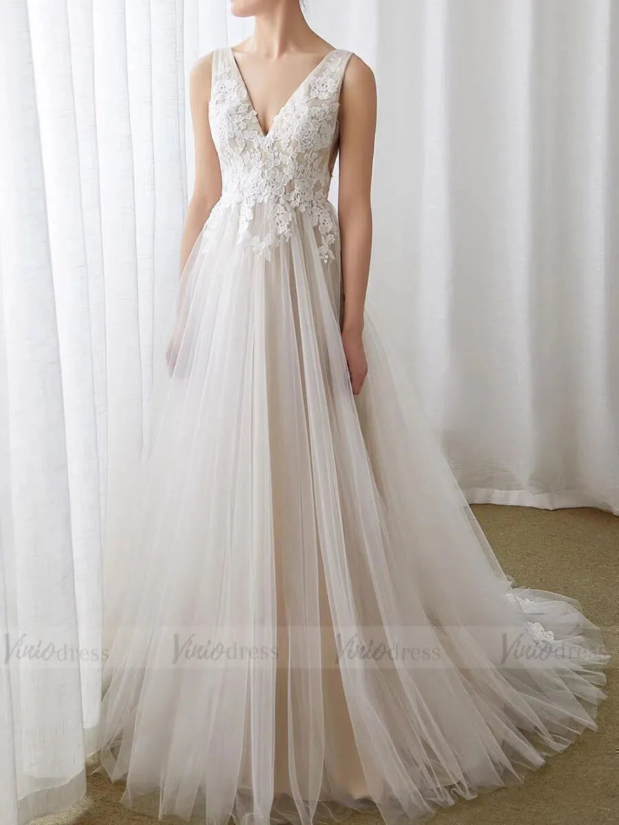 A-line V Neck Beach Wedding Dresses Backless Bridal Dress VW1301