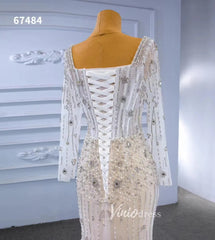Beaded Square Neck Mermaid Wedding Dresses with Long Sleeves 67484