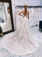 Champagne A-line Wedding Dresses V-neck Lace Appliqued Tulle Bridal Gown VW2137