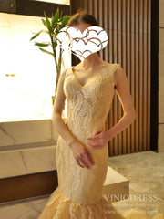 Champagne Embroidery Mermaid Wedding Dresses VW1510