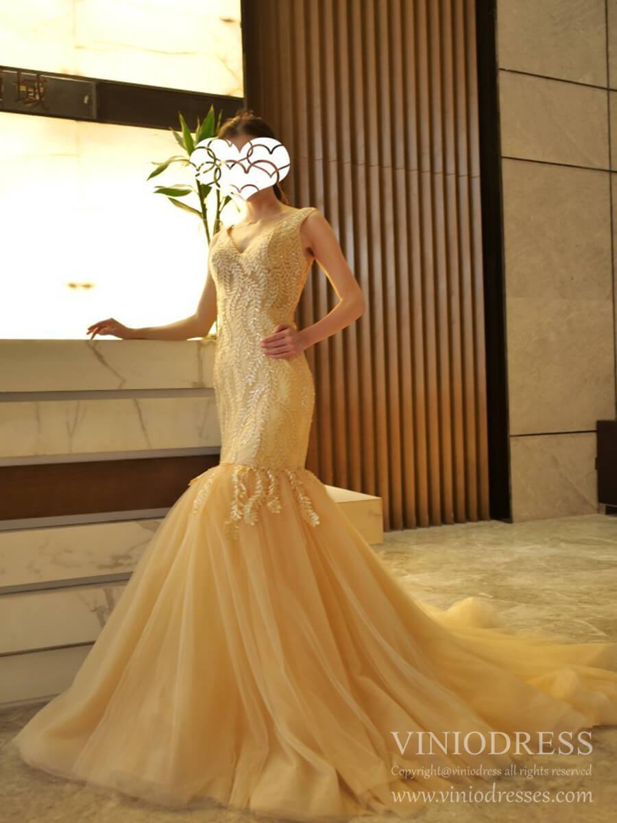Champagne Embroidery Mermaid Wedding Dresses VW1510