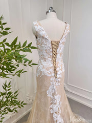 Champagne Lace Mermaid Wedding Dresses Corset Back Bridal Dress VW1534