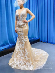 Champagne Lace Mermaid Wedding Dresses Corset Back Bridal Dress VW1534