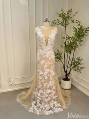 Champagne Lace Mermaid Wedding Dresses Corset Back Bridal Dress VW1534