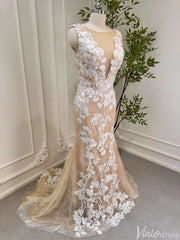 Champagne Lace Mermaid Wedding Dresses Corset Back Bridal Dress VW1534