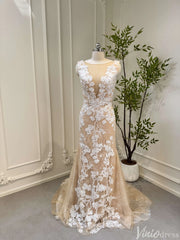 Champagne Lace Mermaid Wedding Dresses Corset Back Bridal Dress VW1534