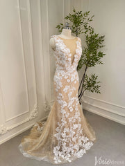 Champagne Lace Mermaid Wedding Dresses Corset Back Bridal Dress VW1534