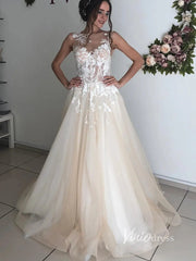 Champagne Tulle Country Wedding Dresses with Floral Appliques & Open Back VW1130