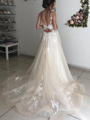 Champagne Tulle Country Wedding Dresses with Floral Appliques & Open Back VW1130