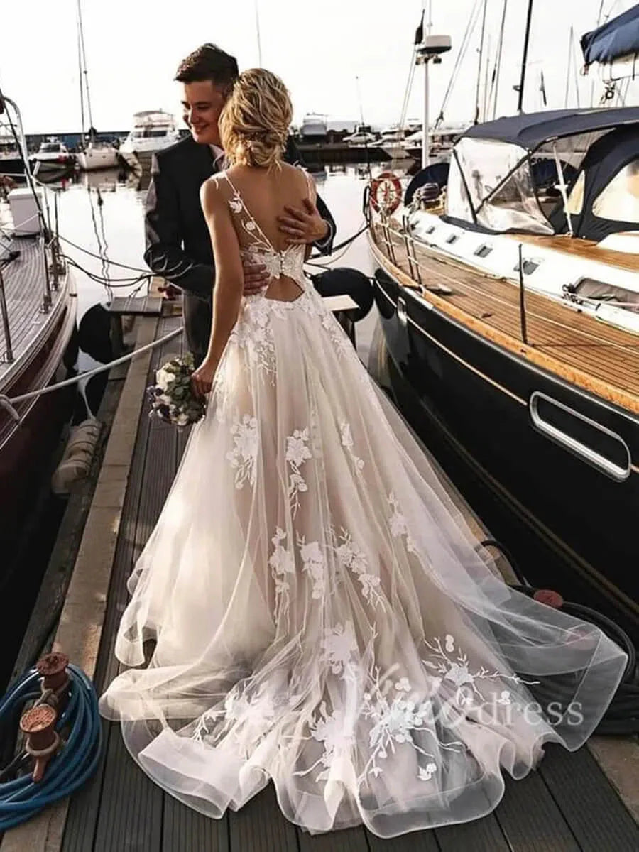 Champagne Tulle Country Wedding Dresses with Floral Appliques & Open Back VW1130