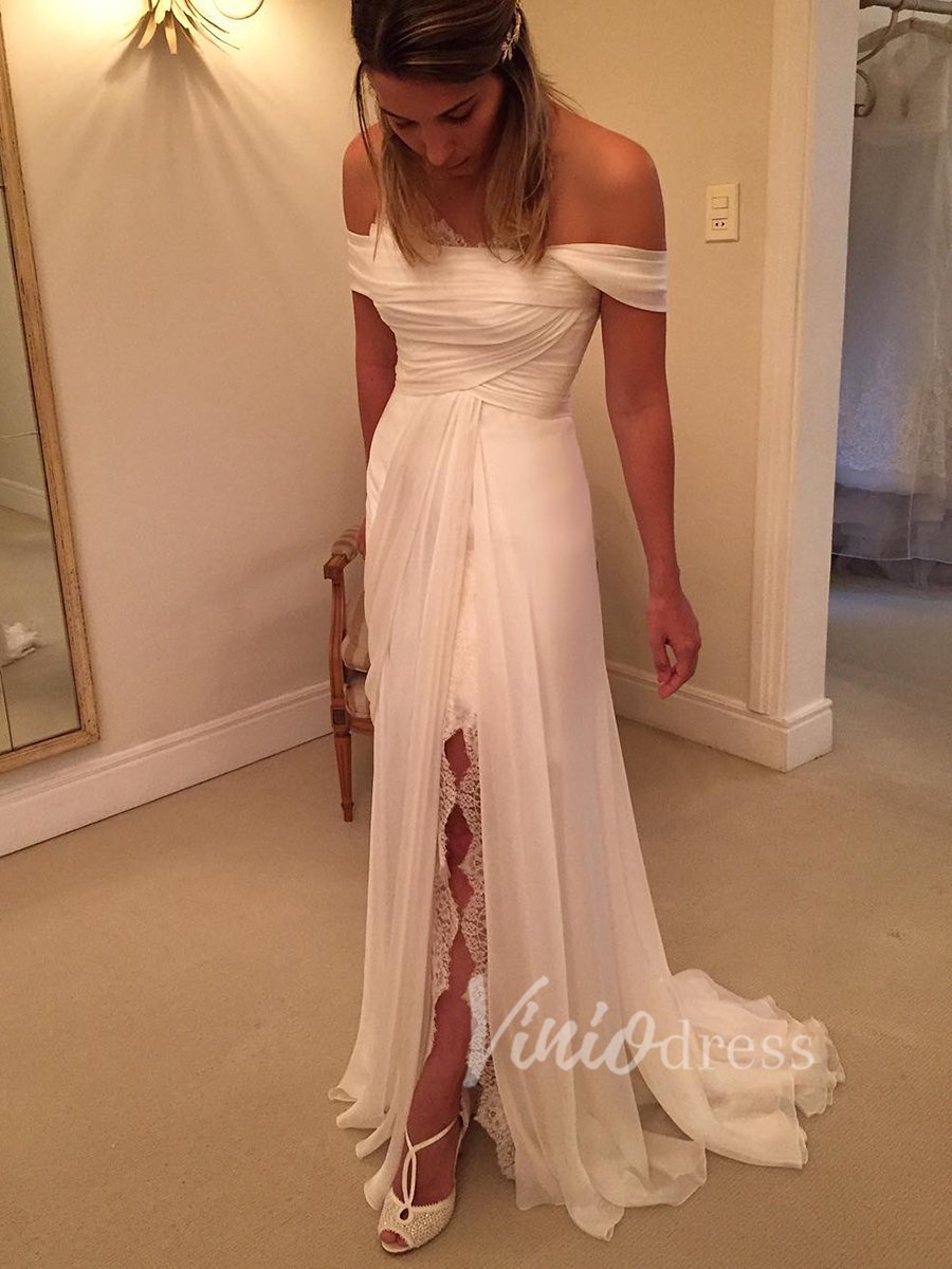 Chiffon Beach Wedding Dresses with Slit Off the Shoulder VW1202