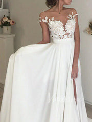 Classic Illusion Chiffon Beach Wedding Dresses with Side Slit VW1242