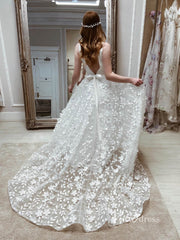 Deep V-neck 3D Leaf Lace Country Wedding Dresses with Slit VW1870