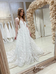 Deep V-neck 3D Leaf Lace Country Wedding Dresses with Slit VW1870