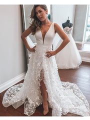 Deep V-neck 3D Leaf Lace Country Wedding Dresses with Slit VW1870