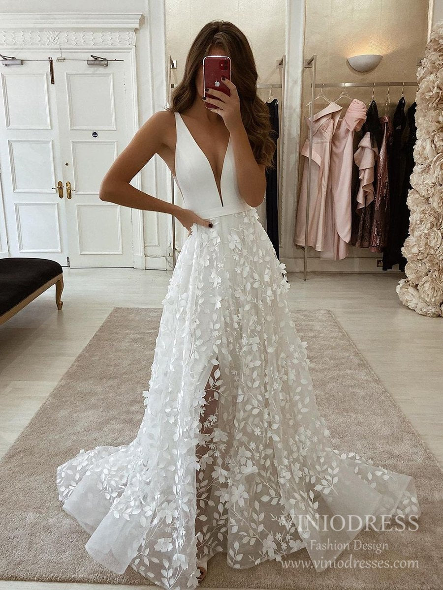 Deep V-neck 3D Leaf Lace Country Wedding Dresses with Slit VW1870