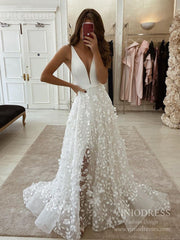 Deep V-neck 3D Leaf Lace Country Wedding Dresses with Slit VW1870