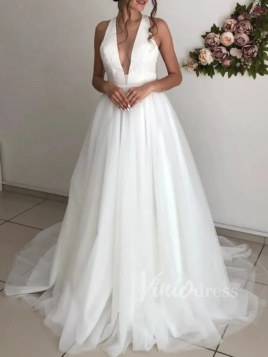 Deep V Neck Beaded Beach Wedding Dresses Open Back VW1239