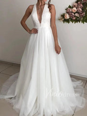 Deep V Neck Beaded Beach Wedding Dresses Open Back VW1239