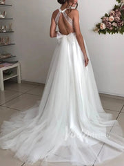 Deep V Neck Beaded Beach Wedding Dresses Open Back VW1239