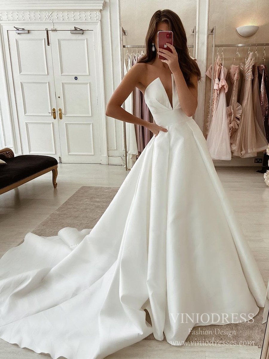 Deep V neck Strapless Satin Wedding Dresses with Pockets VW1867