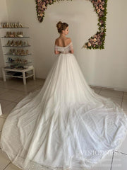 Dotted Tulle Lace Wedding Dresses Cathedral Train Off Shoulder Bridal Dress VW1561