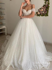 Dotted Tulle Lace Wedding Dresses Cathedral Train Off Shoulder Bridal Dress VW1561