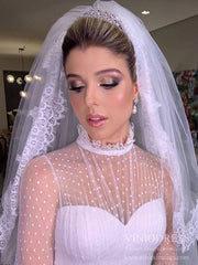 Dotted Tulle Lace Wedding Dresses High Neck Long Sleeve Bridal Dress VW1537