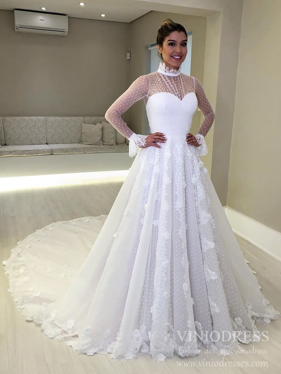 Dotted Tulle Lace Wedding Dresses High Neck Long Sleeve Bridal Dress VW1537