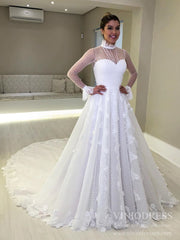 Dotted Tulle Lace Wedding Dresses High Neck Long Sleeve Bridal Dress VW1537