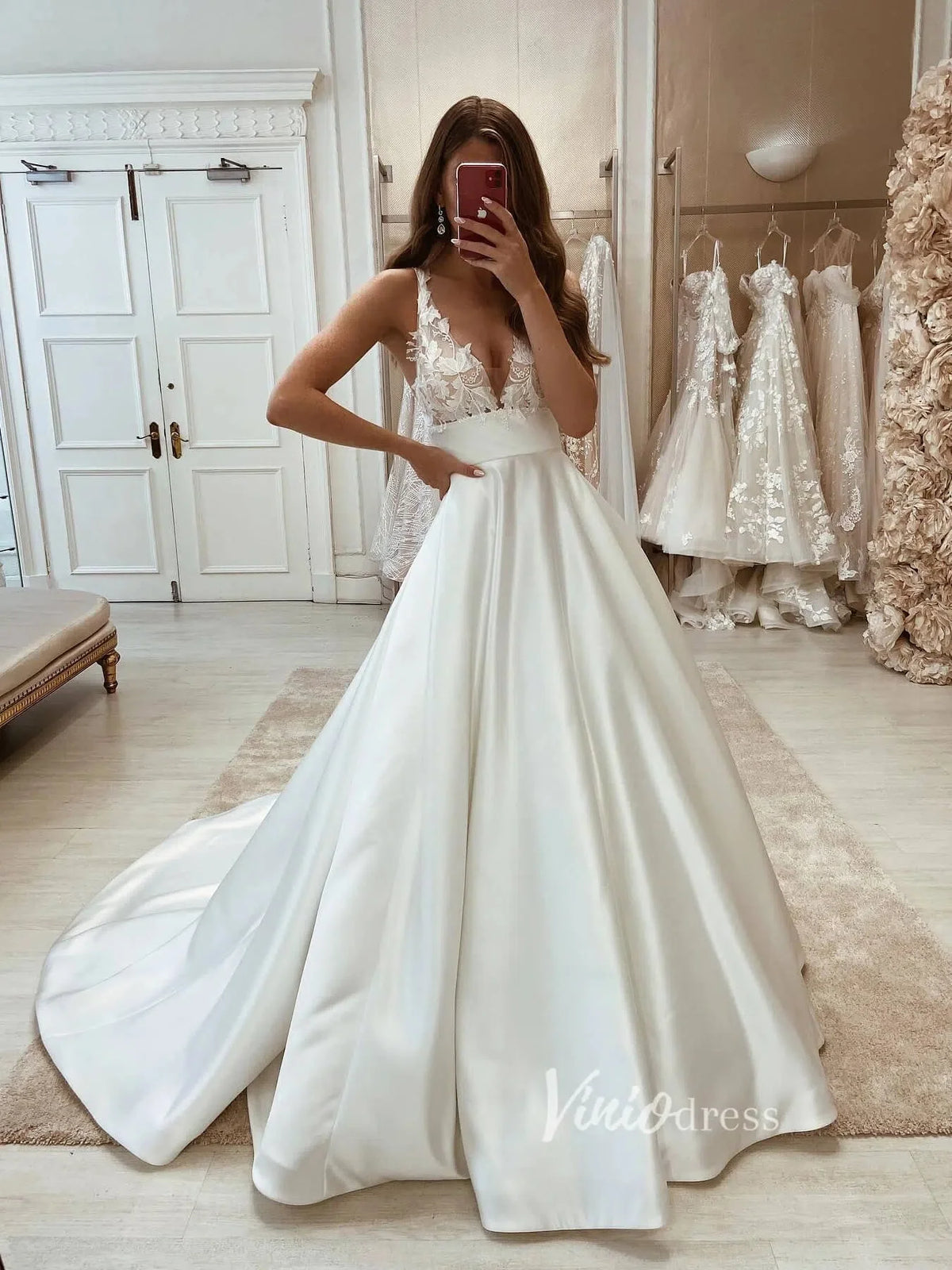 Elegant Cathedral Satin Wedding Gown V-neck VW2067