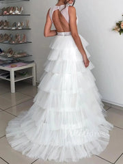 Elegant Tiered Tulle Beach Wedding Dresses V Neck Open Back VW1254