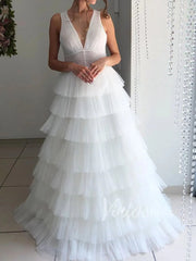 Elegant Tiered Tulle Beach Wedding Dresses V Neck Open Back VW1254