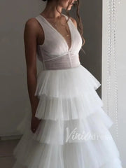 Elegant Tiered Tulle Beach Wedding Dresses V Neck Open Back VW1254