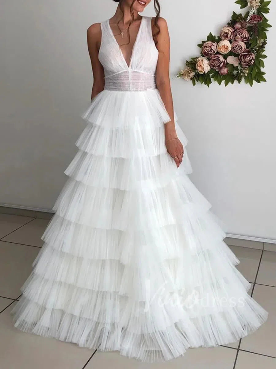 Elegant Tiered Tulle Beach Wedding Dresses V Neck Open Back VW1254
