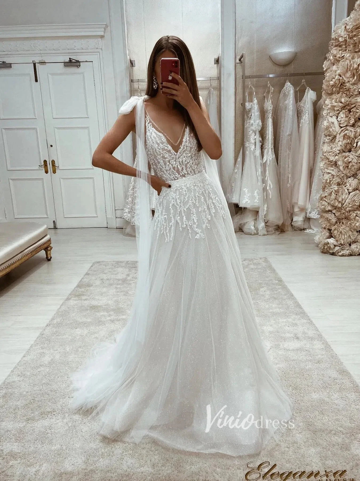 Glittery A-line V-neck Wedding Dresses Beaded Bodice VW2064