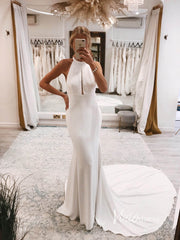 Halter Neck Satin Wedding Dresses Open Back Minimalist Modern Bridal Dress VW2138