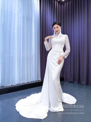 High Neck Pearl Satin Wedding Dresses Long Sleeve 67457