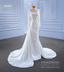High Neck Pearl Satin Wedding Dresses Long Sleeve 67457