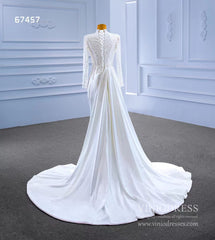 High Neck Pearl Satin Wedding Dresses Long Sleeve 67457