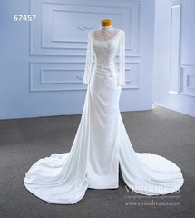 High Neck Pearl Satin Wedding Dresses Long Sleeve 67457