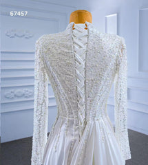 High Neck Pearl Satin Wedding Dresses Long Sleeve 67457