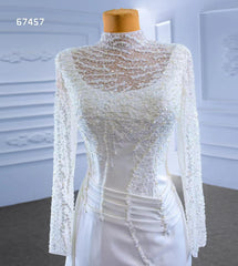 High Neck Pearl Satin Wedding Dresses Long Sleeve 67457