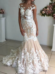 Lace Applique Champagne Mermaid Wedding Dresses Open Back VW1337
