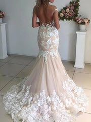 Lace Applique Champagne Mermaid Wedding Dresses Open Back VW1337