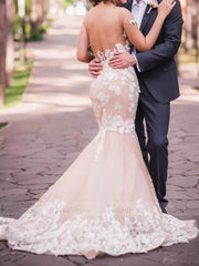 Lace Applique Champagne Mermaid Wedding Dresses Open Back VW1337