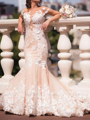 Lace Applique Champagne Mermaid Wedding Dresses Open Back VW1337
